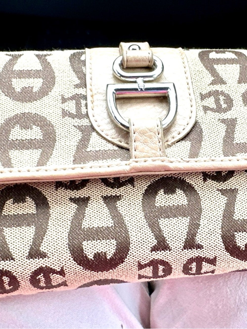 Beige Aigner Monogram Canvas Clutch with Silver Hardware pre owned